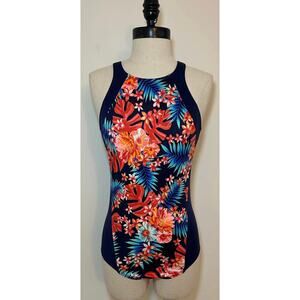 LANDS' END 1 piece Swimsuit Navy Blue Floral Built-In Bra Adjustable Womens 6